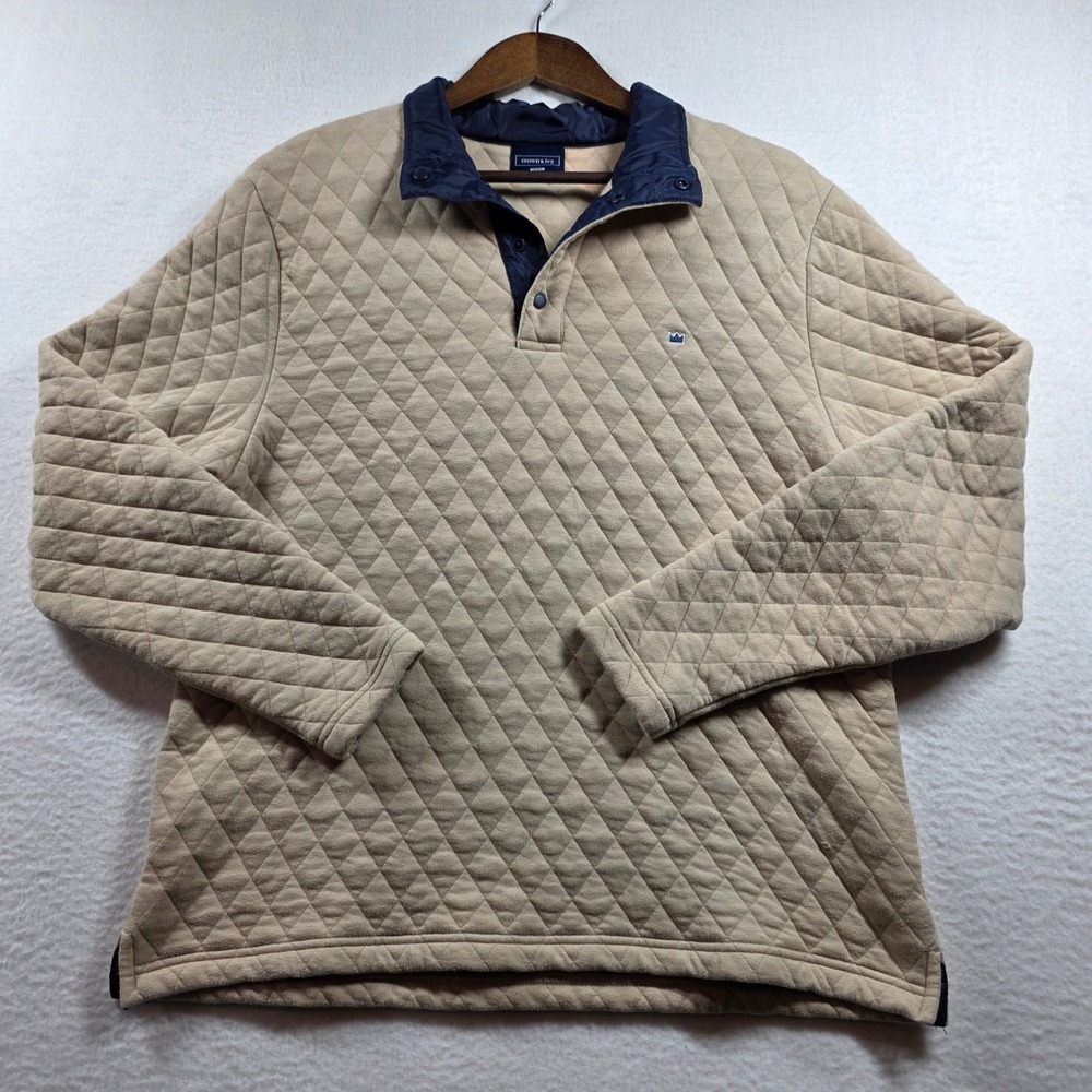 Crown & Ivy Mens Quilted Snap Mock Neck Pullover‎ Tan Navy Blue Medium RN 31104